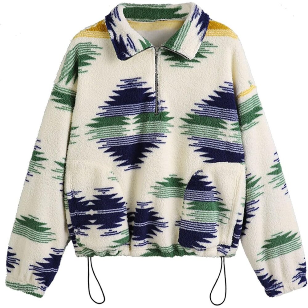 Women's White Long Sleeve Lapel Half Zip Plain Faux Fur Sweatshirt Solid